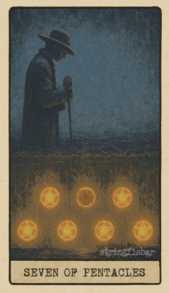 Stringfisher Tarot, Seven of Pentacles, mythic theme of patience and long-term growth. A lone gardener stands above transparent earth, watching seven buried Cores glow beneath the surface. One Core is dim, the others shine. Symbol of slow progress, investment, and legacy cultivation.