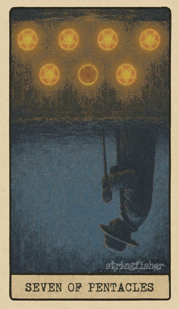 Stringfisher Tarot, reversed Seven of Pentacles, symbolic frustration and wasted effort. A lone gardener looks down at transparent soil where seven Cores lie buried. Several Cores are dim or cracked, only a few still glow. Symbol of disappointment, unstable foundation, and lost investment.