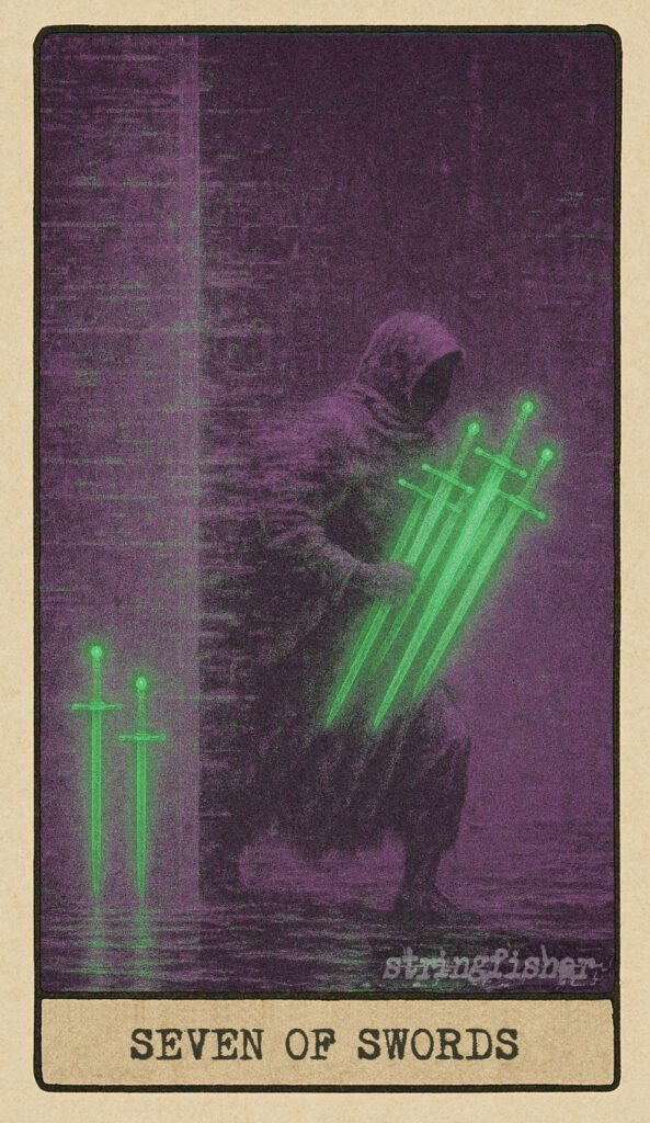 Stringfisher Tarot, Seven of Swords, mythic theme of strategy and hidden agendas. A cloaked figure moves through a glitch-wall, carrying five swords while two remain behind, blinking in static. Symbol of deception, cunning, and secret strategy.