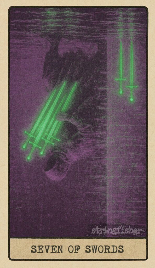 Stringfisher Tarot, reversed Seven of Swords, symbolic truth revealed and dishonesty exposed. A cloaked figure stands frozen in a glitch-wall, five swords falling from their grip as two blink urgently behind. The atmosphere is tense, the act unmasked.
