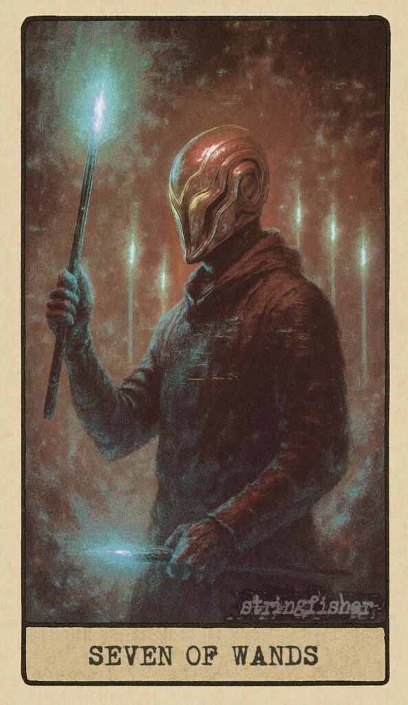 Stringfisher Tarot, Seven of Wands, mythic theme of defense and resisting corruption. One upright wand is held by a guarded figure, while six others rise against it, their tips lit but unable to breach the protective circle. Symbol of standing your ground and defending what matters.