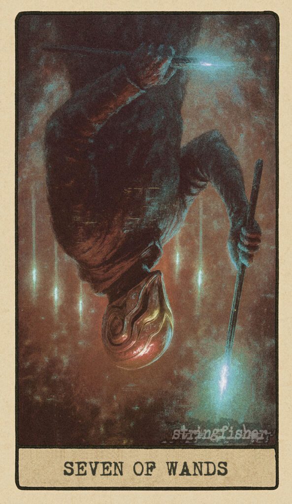 Stringfisher Tarot, reversed Seven of Wands, symbolic exhaustion and unwarranted resistance. One guarded figure struggles to hold an upright wand as six others press closer, the circle flickering with weakness. The air is tense, and the firewall seems ready to fail.