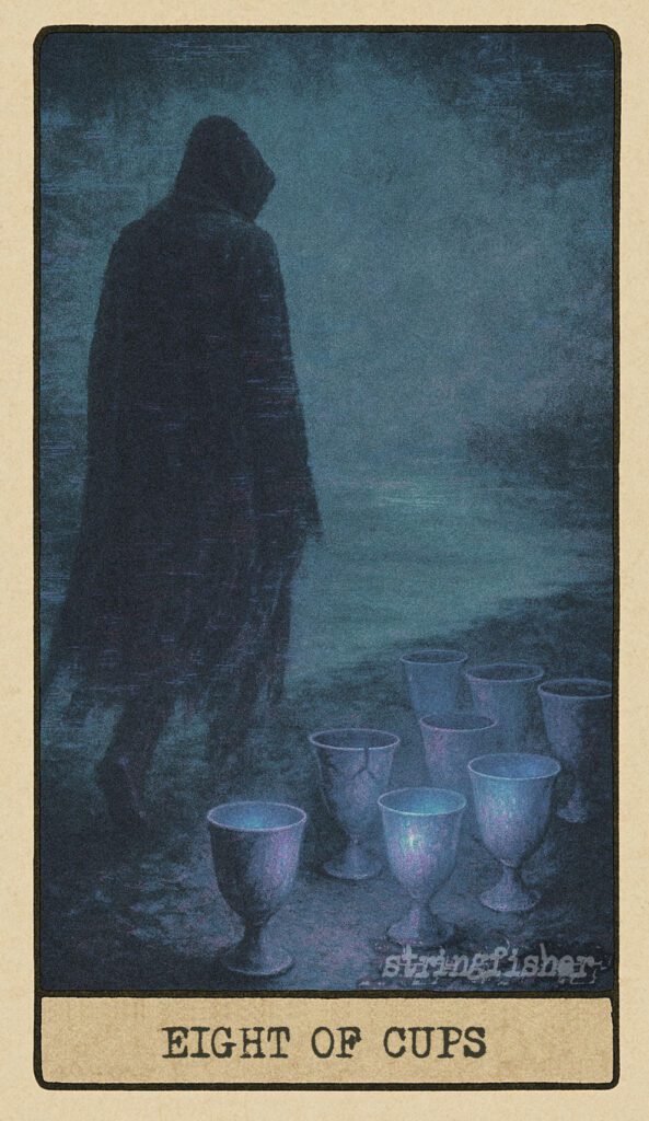 Stringfisher Tarot, Eight of Cups, mythic theme of emotional departure and quiet release. Eight cups sit by a shoreline as a lone figure walks away into the dusk, leaving no footprints. Symbol of letting go and walking away from emotional noise.