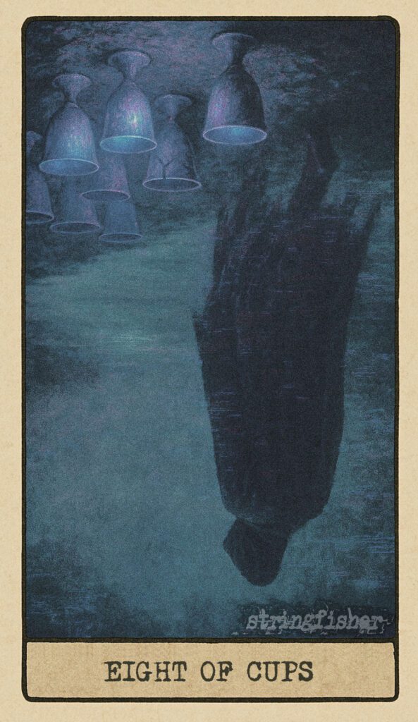Stringfisher Tarot, reversed Eight of Cups, symbolic emotional detachment and avoidance. Eight cups sit by a shoreline, untouched. A figure stands frozen mid-step, hesitant to walk away. Symbol of unresolved loops, fear of departure, and emotional inertia.