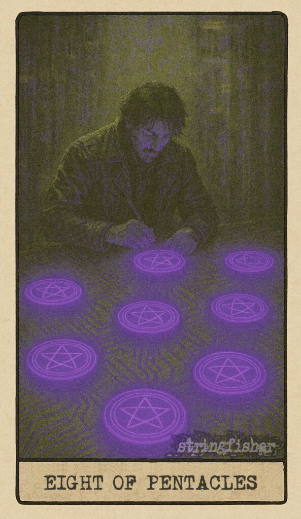 Stringfisher Tarot, Eight of Pentacles, mythic theme of mastery and ritual skill. A focused figure repeats a subtle task, carving the same glyph again and again. Eight Cores are arranged in a precise formation, each one pulsing gently. Symbol of repetition, skill building, and the sacred work of practice.
