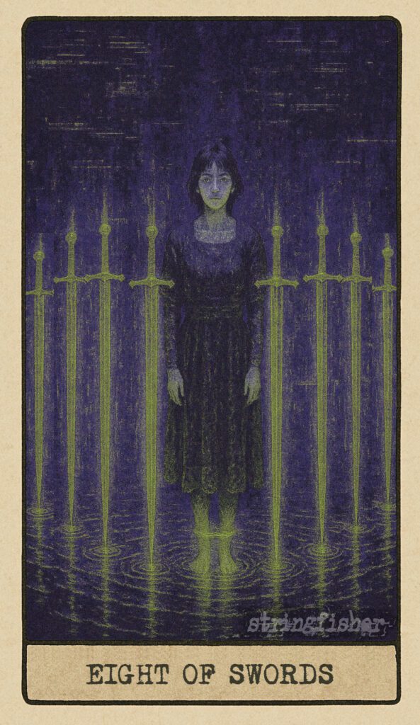 Stringfisher Tarot, Eight of Swords, mythic theme of mental entrapment and perceived limitation. A figure stands in a cage formed by eight upright swords. Their eyes are open, but their feet are bound by light. Symbol of fear, mental loops, and self-imposed restriction.