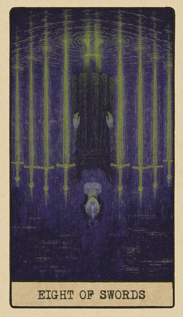 Stringfisher Tarot, reversed Eight of Swords, symbolic breakthrough and self-liberation. A figure steps outside a broken cage of eight swords, the bonds of light around their feet dissolving. Symbol of new perception, release from fear, and escape from limitation.