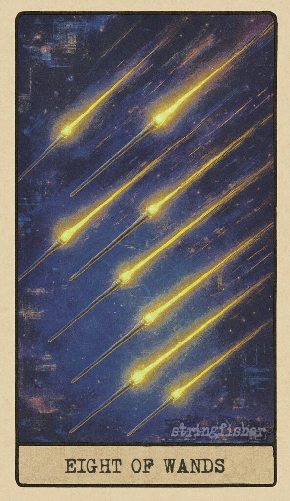 Stringfisher Tarot, Eight of Wands, mythic theme of rapid communication and acceleration. Eight wands streak through the air in unison, each trailing a visible signal behind. The scene is swift, elegant, and clear—symbolizing speed, momentum, and synchronized clarity.