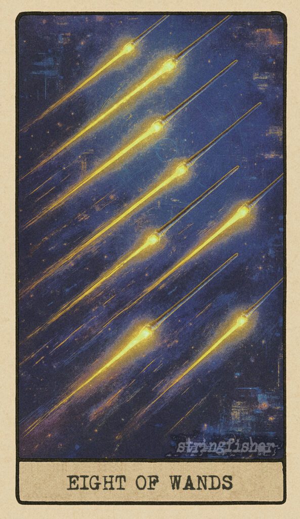 Stringfisher Tarot, reversed Eight of Wands, symbolic burnout and mixed messages. Eight wands scatter across the sky, their signals tangled and overlapping. The movement is chaotic, clarity lost, and the sense is one of digital overwhelm.