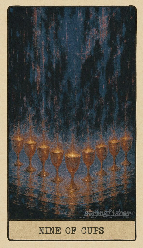 Stringfisher Tarot, Nine of Cups, mythic theme of emotional satisfaction and creative wholeness. Nine cups form a perfect arc, each vibrating subtly, humming its own frequency. Symbol of fulfillment, artistic pleasure, and inner alignment.