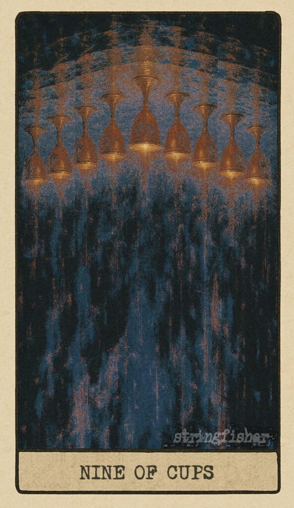 Stringfisher Tarot, reversed Nine of Cups, symbolic emotional overindulgence and shallow fulfillment. Nine cups form a perfect arc, but some flicker erratically while others hum off-key. Symbol of temporary gratification and misaligned pleasure.