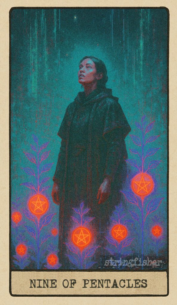 Stringfisher Tarot, Nine of Pentacles, mythic theme of self-reliance and prosperity. A solitary figure stands in a lush garden of glowing data-plants, each grown from a Core. They gaze upward, seeking something beyond their cultivated wealth. Symbol of earned sanctuary and personal achievement.