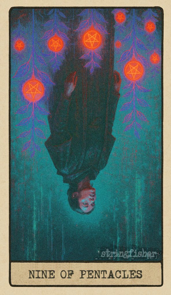 Stringfisher Tarot, reversed Nine of Pentacles, symbolic isolation and hollow prosperity. A solitary figure stands in a lush domain of data-plants, each grown from a Core. The atmosphere feels cold and distant, the figure looks away from their own creation. Symbol of materialism, vanity, and separation.