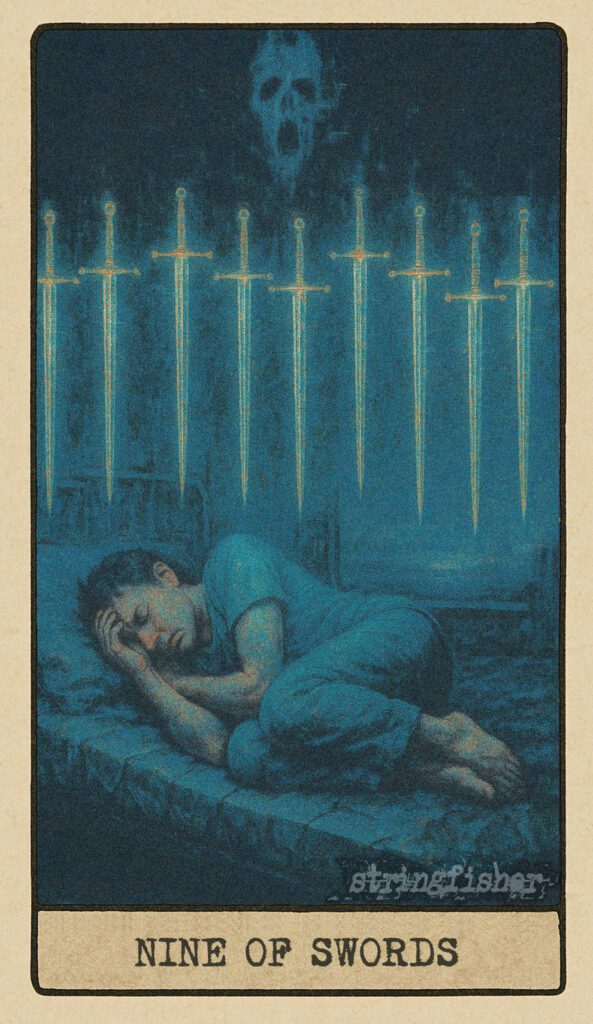 Stringfisher Tarot, Nine of Swords, mythic theme of anxiety and shadow thoughts. Nine swords hover above a dreaming figure curled on a fractured bed. A faint scream is suspended in the air. Symbol of sleeplessness, mental torment, and psychic unrest.