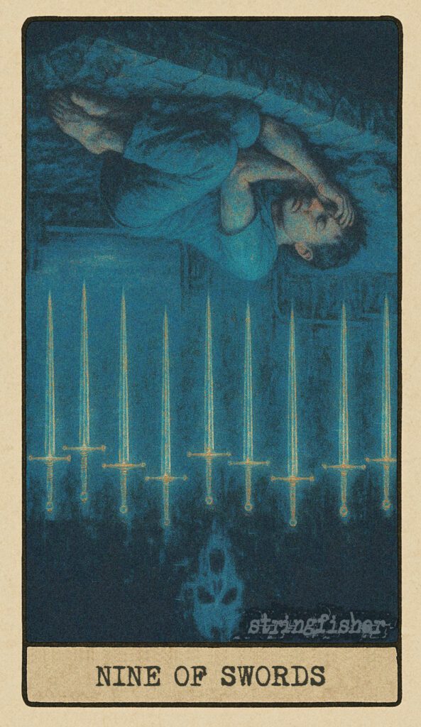 ChatGPT said: Here is the reversed entry for the Nine of Swords – Echo of Dread, written for the Stringfisher Tarot, SEO-integrated, and with no em dashes. Title Nine of Swords (Reversed) – Fading Signal | Stringfisher Tarot Alt Text Stringfisher Tarot, reversed Nine of Swords, symbolic lingering trauma and emotional burnout. Nine swords blur above a figure on a fractured bed. The scream is only a faint shadow, pain unspoken and unrest unresolved.
