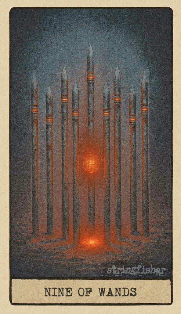 Stringfisher Tarot, Nine of Wands, mythic theme of perseverance and guarded energy. Nine wands form a defensive wall around a dim beacon. Each wand bears scorch marks but remains upright, symbolizing endurance, resilience, and the determination to continue.