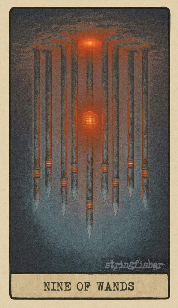Stringfisher Tarot, reversed Nine of Wands, symbolic collapse and creative fatigue. Nine wands slump around a beacon that barely flickers. The marks of fire have deepened, the defensive wall is failing, and exhaustion pervades the scene.