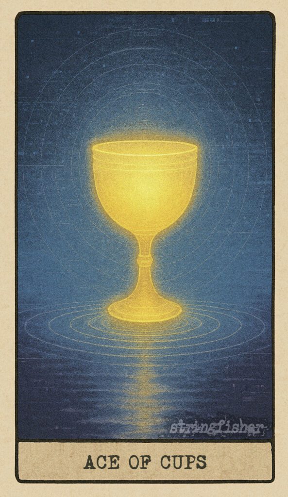 Stringfisher Tarot, Ace of Cups, mythic theme of emotional awakening and resonance. A single glowing cup floats above a still pool, casting ripples outward in perfect circles. Symbol of empathy, intuition, and emotional clarity.