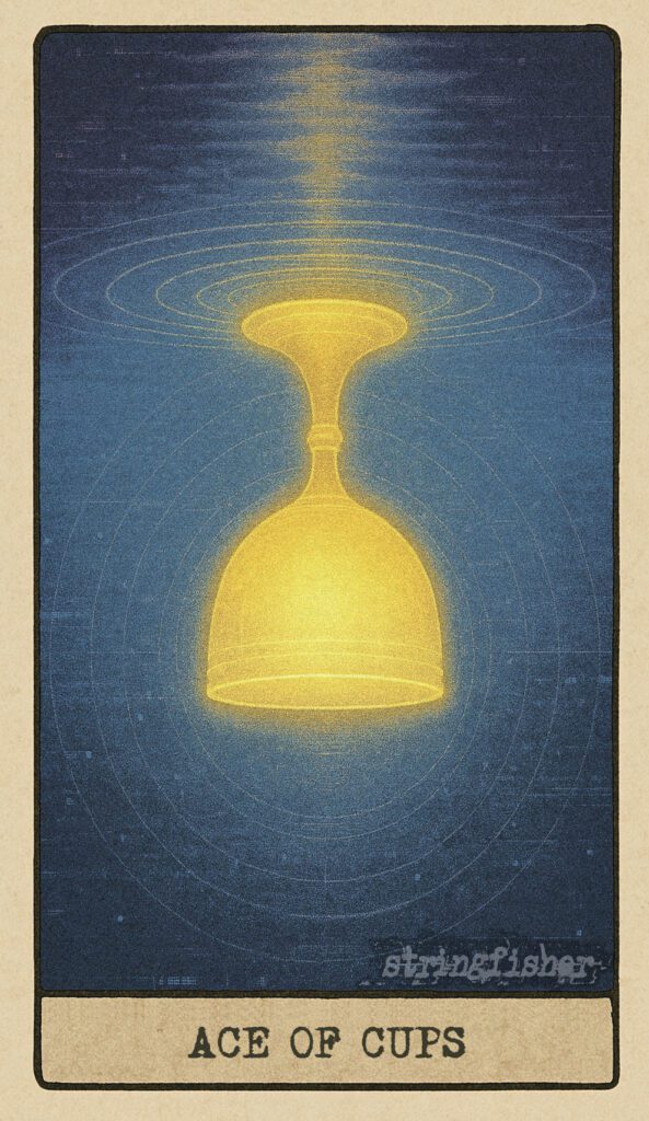 Stringfisher Tarot, reversed Ace of Cups, emotional numbness, blocked intuition, symbolic silence. An inverted glowing cup floats above a still, dark pool. The ripples have stopped. Echo without origin.