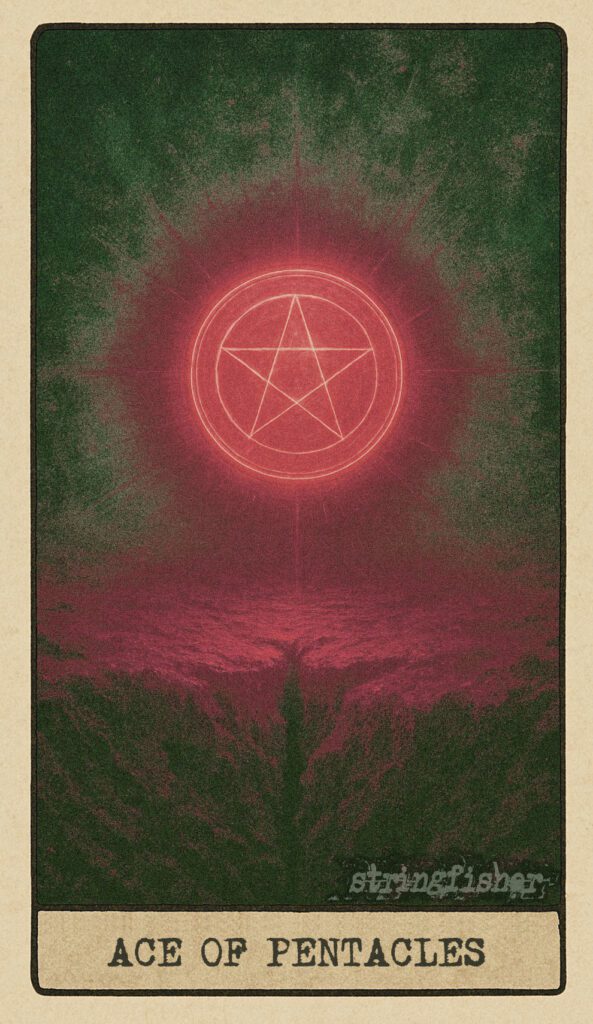 Stringfisher Tarot, Ace of Core, mythic theme of material beginnings and potential made solid. A single obsidian coin rests on cracked earth, surrounded by tiny sprouting shoots. Symbol of grounded potential, ritual origin, and physical legacy.