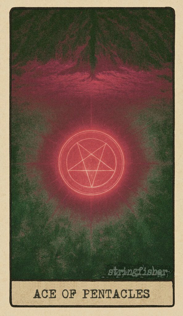 Stringfisher Tarot, reversed Ace of Pentacles, symbolic false start and material hesitation. An obsidian coin lies cracked on dry earth. The shoots have withered or failed to grow. Symbol of missed opportunity, fear of commitment, and resistance to embodiment.