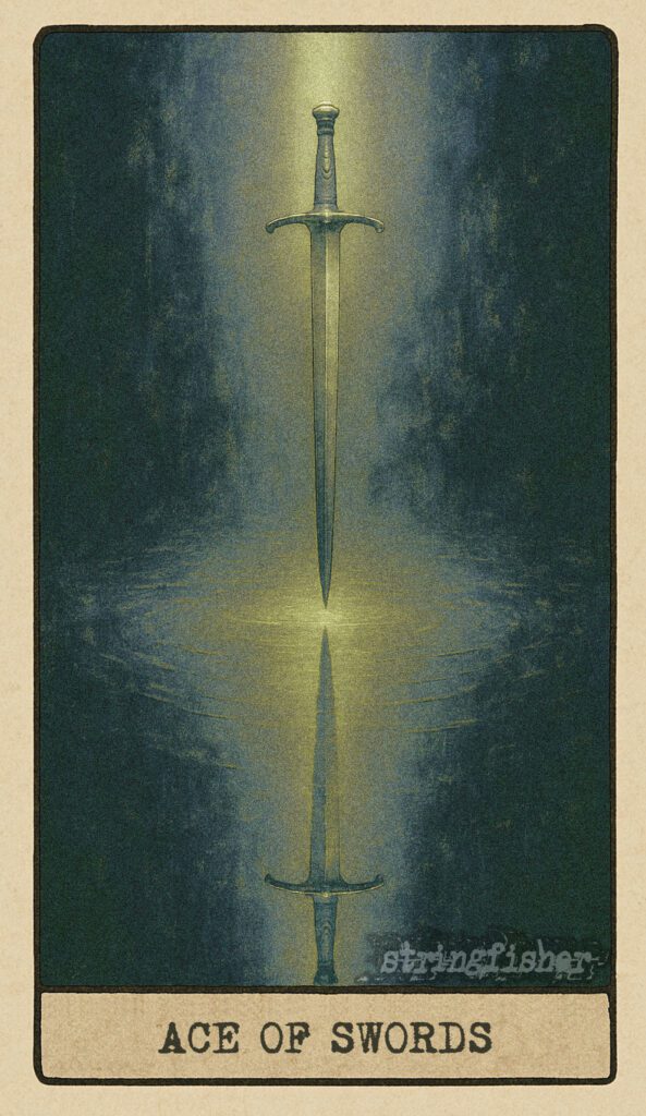 Stringfisher Tarot, Ace of Swords, mythic theme of clarity and new insight. A single sword is suspended mid-air in a beam of light, its reflection split in mirrored glass below. Symbol of decisive truth and sharp mental awakening.