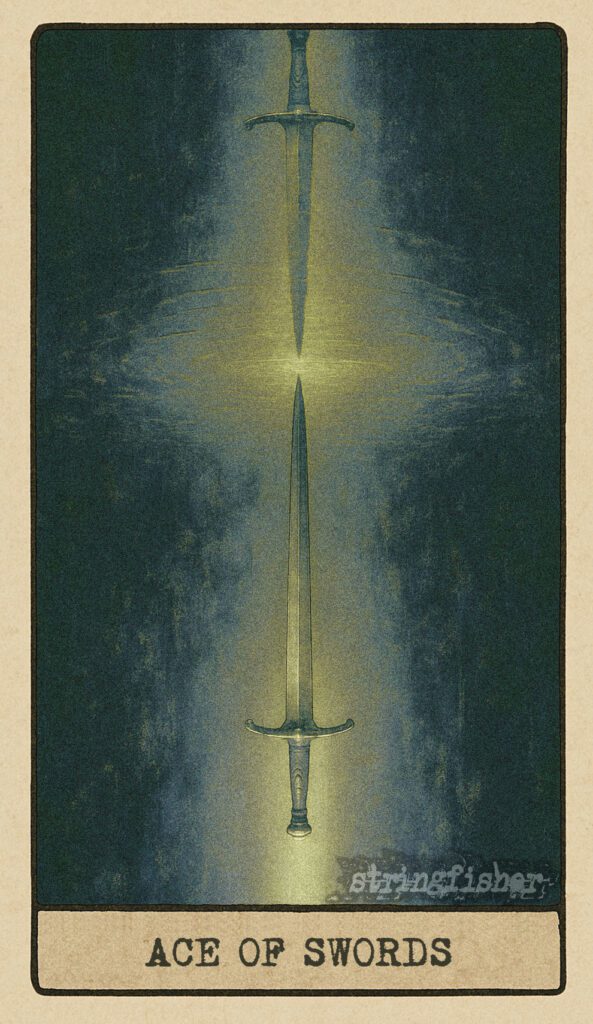 Stringfisher Tarot, reversed Ace of Swords, symbolic mental fog and confusion. A sword hangs suspended in dim light, its reflection below splintered and blurred in fractured glass. Symbol of unclear intention and blocked insight.