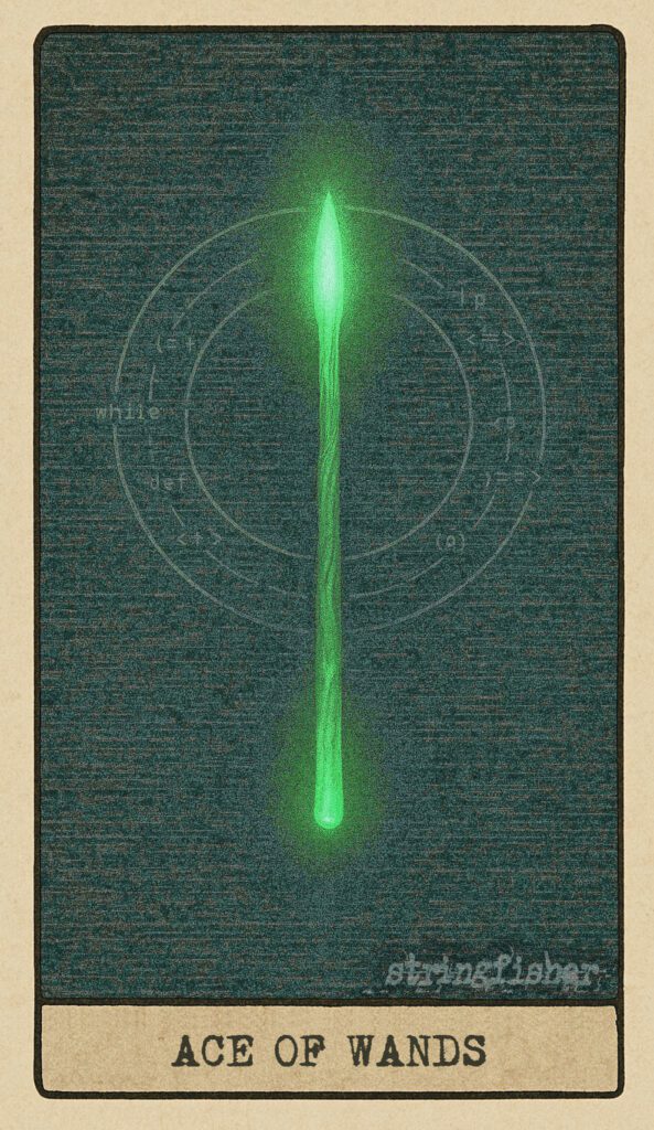 Stringfisher Tarot, Ace of Wands, mythic theme of creative ignition and raw potential. A single wand floats in a field of black signal static, glowing faintly with readiness. Faint code lines form a circle behind it, waiting for instruction. Symbol of inspired action and new beginnings.