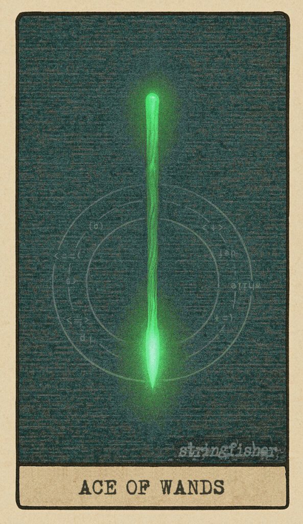 Stringfisher Tarot, reversed Ace of Wands, symbolic blocked will and false start. A single wand floats dimly in black signal static. The code circle behind it flickers but fails to connect. The air is heavy with misfired energy and frustration.