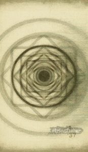 The All-Seeing Eye sigil—an abstract, layered mandala with concentric circles and geometric forms, centered on a dark pupil. Sepia tones. “stringfisher” and the number 37 appear at the lower right.