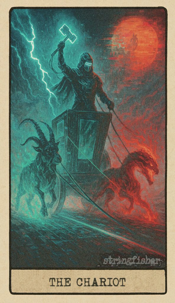 The Chariot tarot card from the Stringfisher Tarot deck, titled The Drive Function. A mythic figure rides a high-tech chariot pulled by lightning and flame across a digital wasteland. A momentum protocol within the Stringfishermythos.
