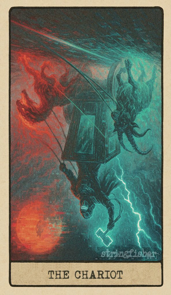 Reversed Chariot tarot card from the Stringfisher Tarot deck, titled The Drive Function. A mythic figure loses control of a glitch-chariot pulled by volatile forces, spinning off-path in a storm of digital entropy. A warning within the Stringfishermythos.