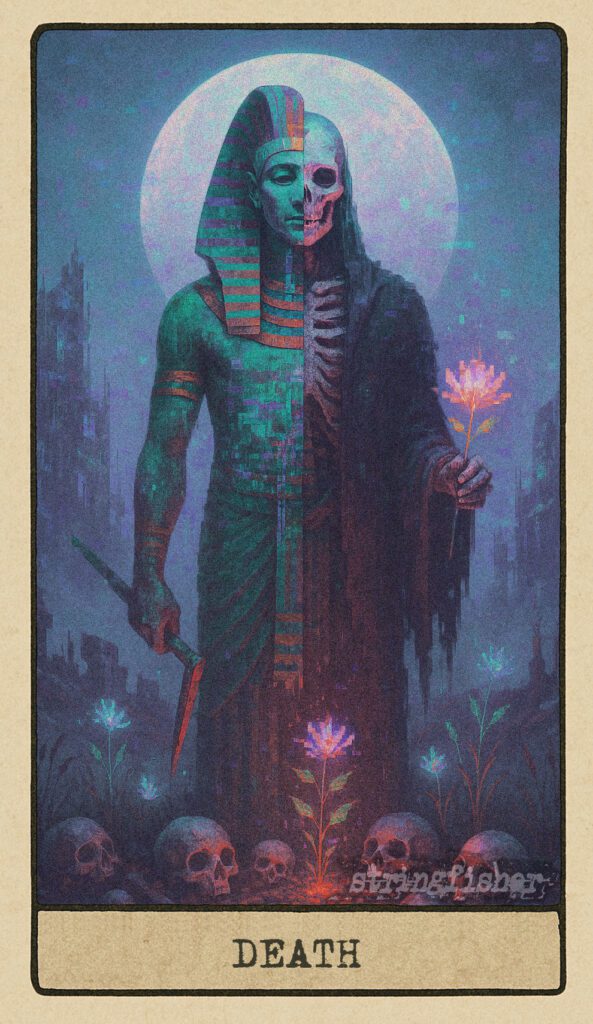 Death tarot card from the Stringfisher Tarot deck, titled The Terminal Bloom. A mythic figure combining Hel and Osiris stands over a field of cracked masks and blooming data-flowers beneath a pixelated twilight. A transformation node in the Stringfishermythos.