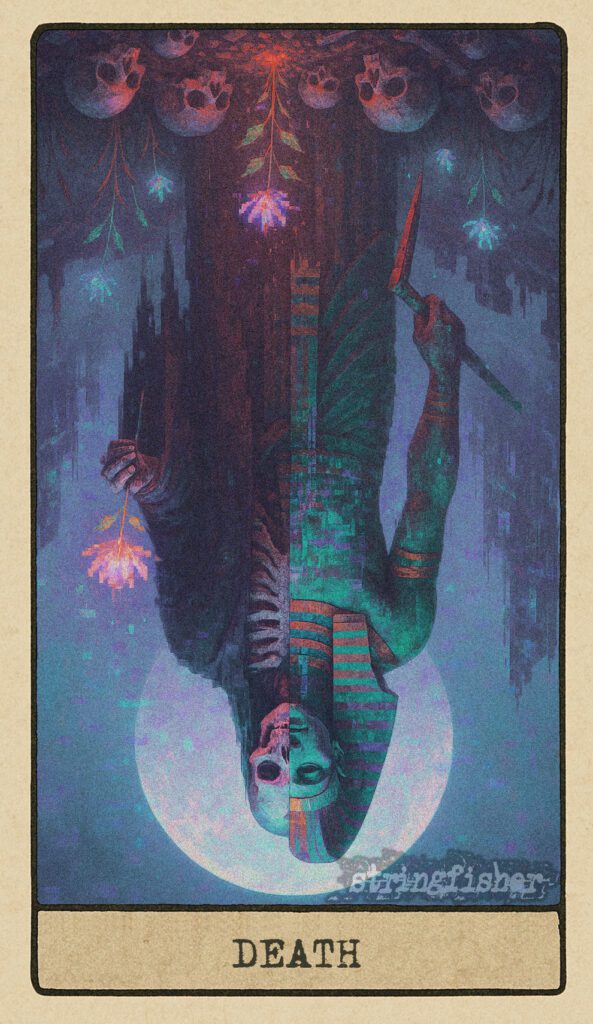 Reversed Death tarot card from the Stringfisher Tarot deck, titled The Terminal Bloom. A hybrid figure of Hel and Osiris flickers between states, surrounded by wilting pixel-flowers and broken code. A stalled transformation within the Stringfishermythos.