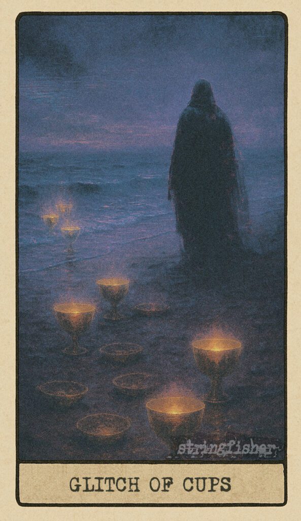 Stringfisher Tarot, Glitch of Cups, mythic anomaly representing intentional disruption and emotional displacement. A cloaked figure stands on a shoreline staring out to sea. Cups are scattered around—some upright, some buried, some floating offshore. The scene radiates confusion, unreality, and quiet defiance.