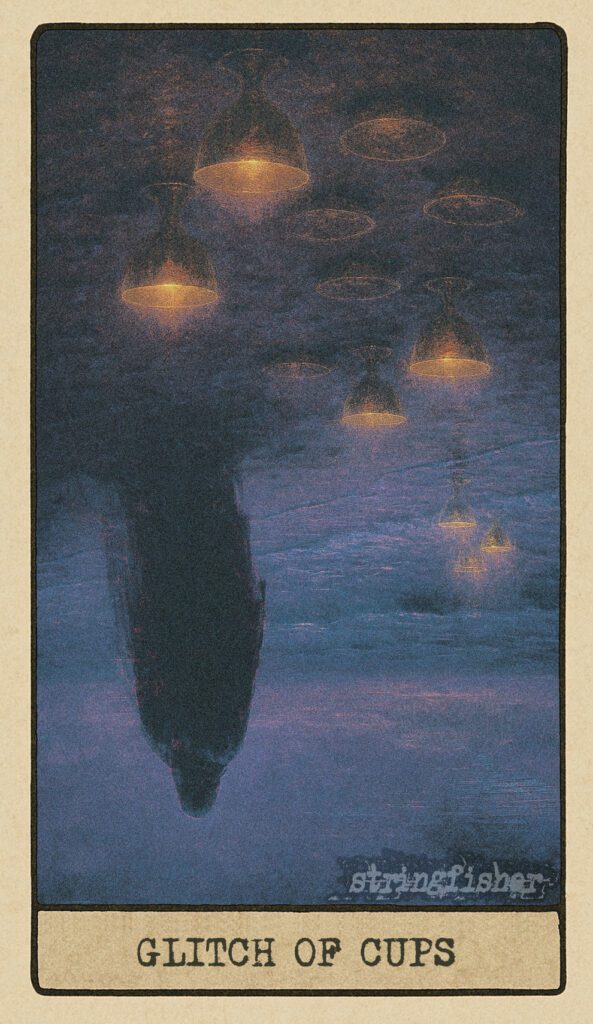 Stringfisher Tarot, reversed Glitch of Cups, symbolic emotional recursion and passive distortion. A cloaked figure faces the sea on a quiet shoreline. Cups lie misplaced—buried, floating, forgotten. The figure remains still, unaware of the repetition forming around her.