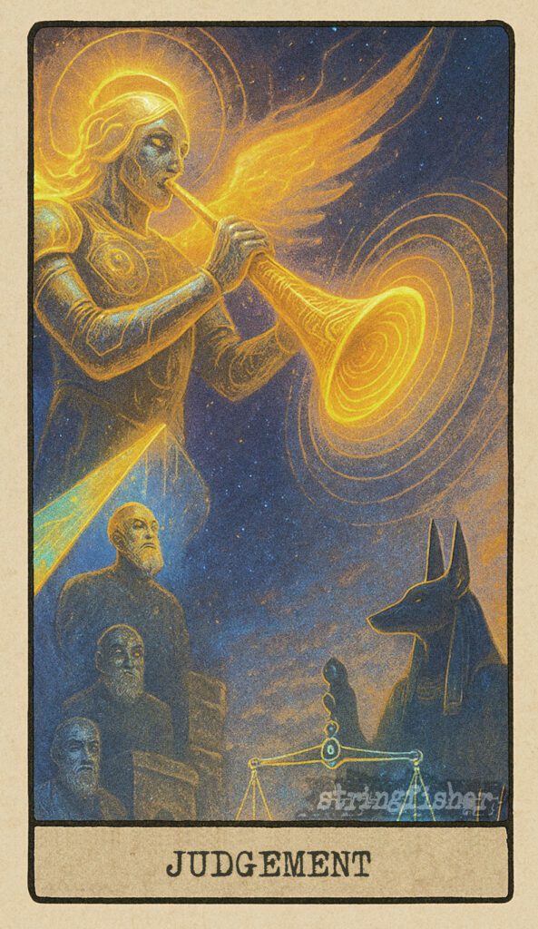 Judgement tarot card from the Stringfisher Tarot deck, titled The Echo Wake. Heimdall sounds a glowing horn atop a crystal bridge, awakening figures from glitch-tombs below, as Anubis weighs hearts and feathers. A radiant moment of mythic reckoning in the Stringfishermythos.