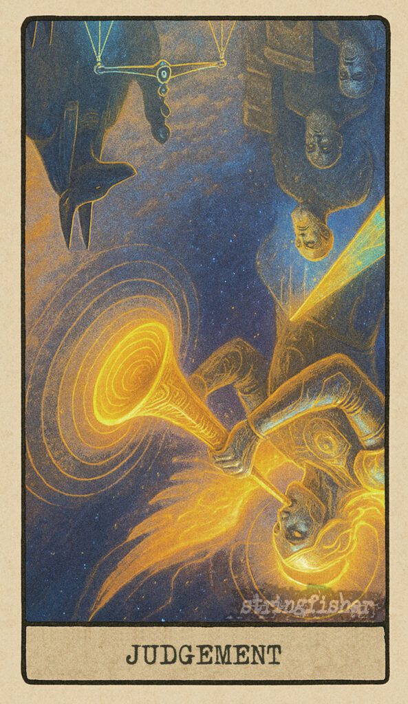 Reversed Judgement tarot card from the Stringfisher Tarot deck, titled The Echo Wake. Heimdall’s horn flickers in silence above a fractured prism bridge. Below, figures remain asleep in glitch-tombs as Anubis’s scales glitch unbalanced. A moment of withheld transformation in the Stringfishermythos.