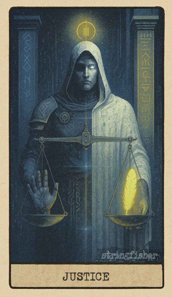 Justice tarot card from the Stringfisher Tarot deck, titled The Weighted Line. A scale balances a severed hand and a glowing feather, watched over by a dual-aspect entity of law and truth. A mythic audit in the Stringfishermythos.
