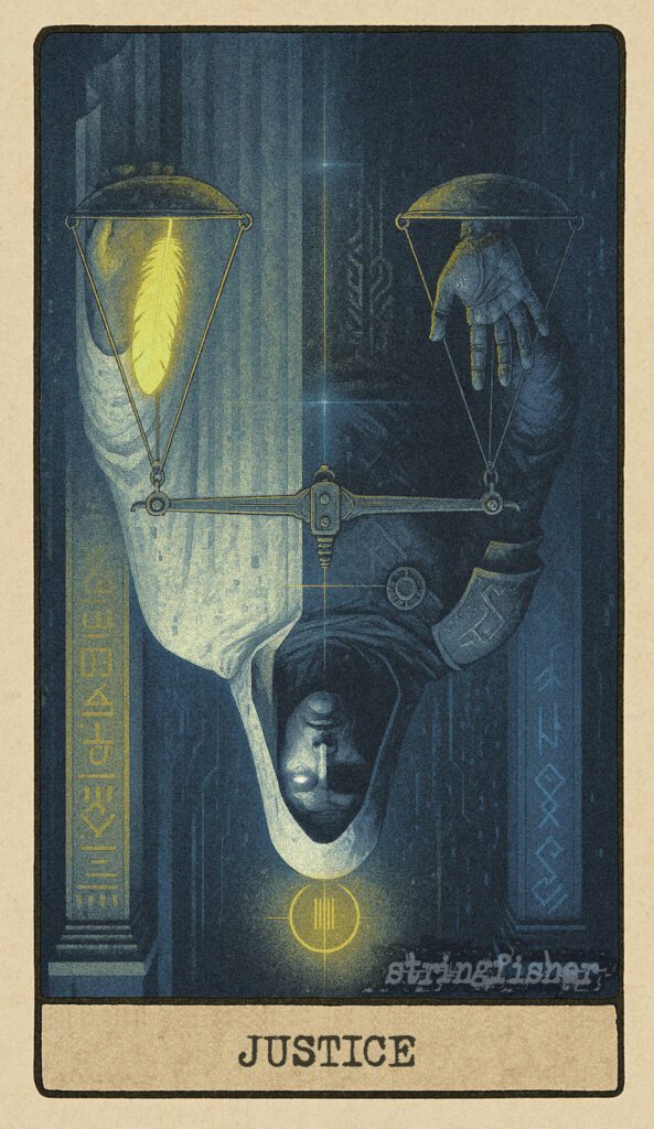 Reversed Justice tarot card from the Stringfisher Tarot deck, titled The Weighted Line. A scale glitches out of balance, with corrupted light and severed protocol threads. A mythic audit malfunction in the Stringfishermythos.