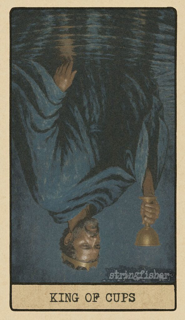 Stringfisher Tarot, reversed King of Cups, symbolic emotional repression and passive control. A regal figure stands in still water, holding a dimmed cup. His cloak is motionless. The surface reflects nothing. Symbol of emotional withdrawal and calm used to conceal.