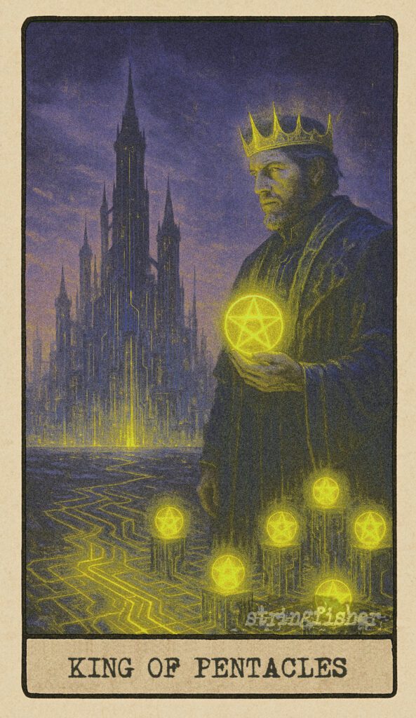 Stringfisher Tarot, King of Pentacles, mythic theme of mastery over material systems. A commanding figure surveys a vast digital city rising from the earth, each building illuminated from within by a Core. Symbol of leadership, structured power, and enduring legacy.