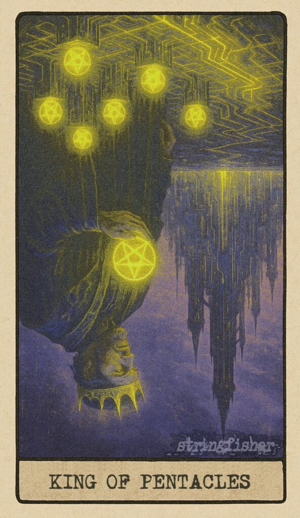 Stringfisher Tarot, reversed King of Pentacles, symbolic authoritarianism and brittle control. A stern figure surveys a digital city whose structures crack under pressure. The Cores in each building flicker or dim. Symbol of inflexibility, fear-based planning, and systems at risk of collapse.