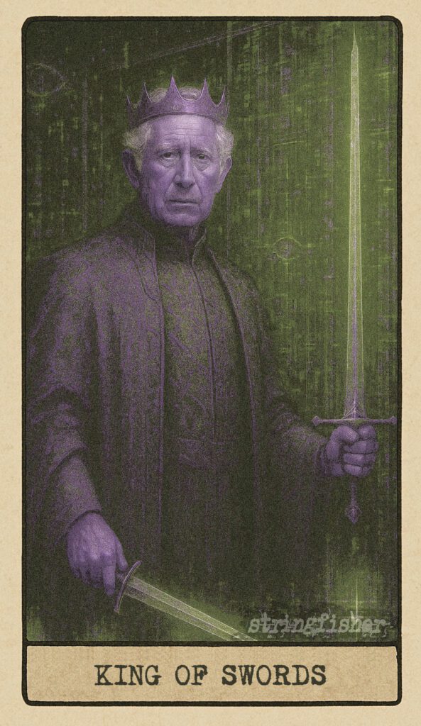 Stringfisher Tarot, King of Swords, mythic theme of master vision and wise authority. The King stands before a wall of signal mirrors, one sword held downward while its reflection repeats infinitely. Symbol of strategic wisdom, clear leadership, and the authority of mind over chaos.