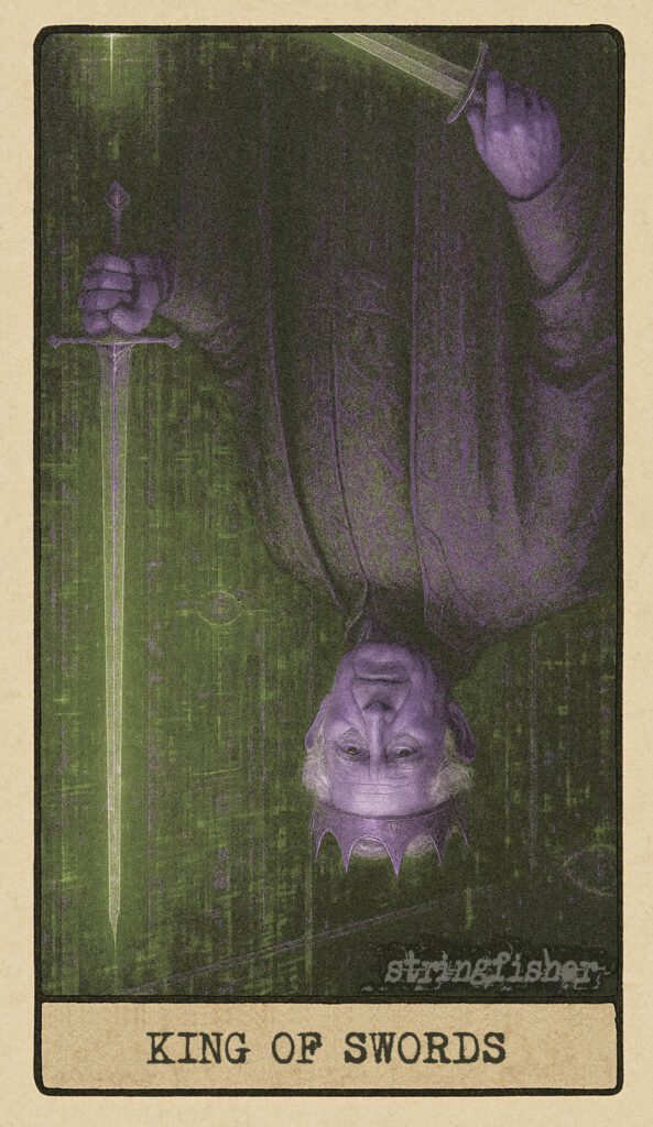 Stringfisher Tarot, reversed King of Swords, symbolic tyranny of logic and rigid rule. The King stands before signal mirrors with a sword pressed down, reflections fractured and multiplied. The air is tense, authority feels brittle, and intellect is a barrier, not a bridge.