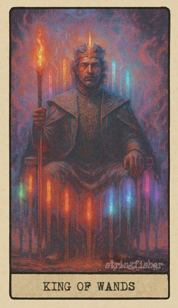 Stringfisher Tarot, King of Wands, mythic theme of visionary mastery and directive creativity. Fourteen wands form a radiant throne. The King sits in silence, each wand tuned to a harmonic note in his vision. Symbol of aligned leadership and creative power.