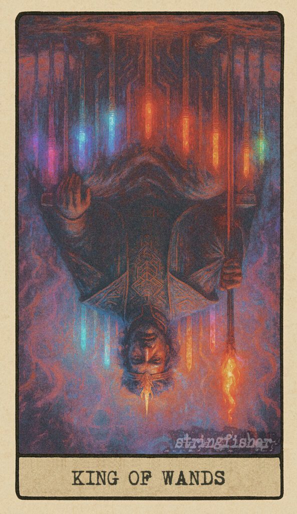 Stringfisher Tarot, reversed King of Wands, symbolic tyrannical will and creative rigidity. Fourteen wands form a harsh, dark throne. The King’s posture is rigid, each wand burning too hot or cold. The scene radiates tension, control, and scorched energy.