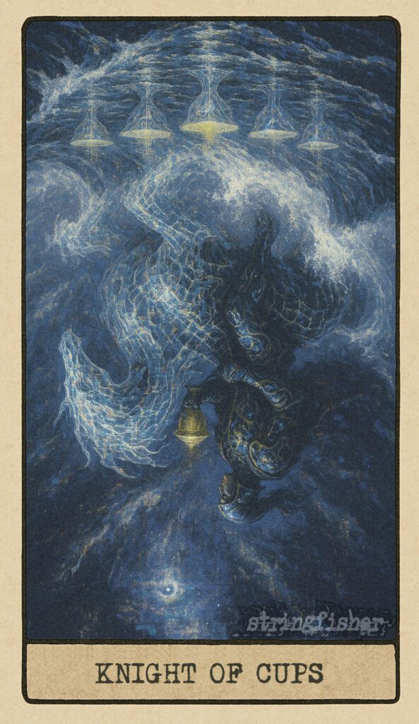 Stringfisher Tarot, reversed Knight of Cups, symbolic emotional impulsiveness and unstable romantic action. A figure rides a collapsing water-creature, the sealed cup slipping from their hand. The sea behind them churns violently, symbolizing mood swings and fantasy-led choices.