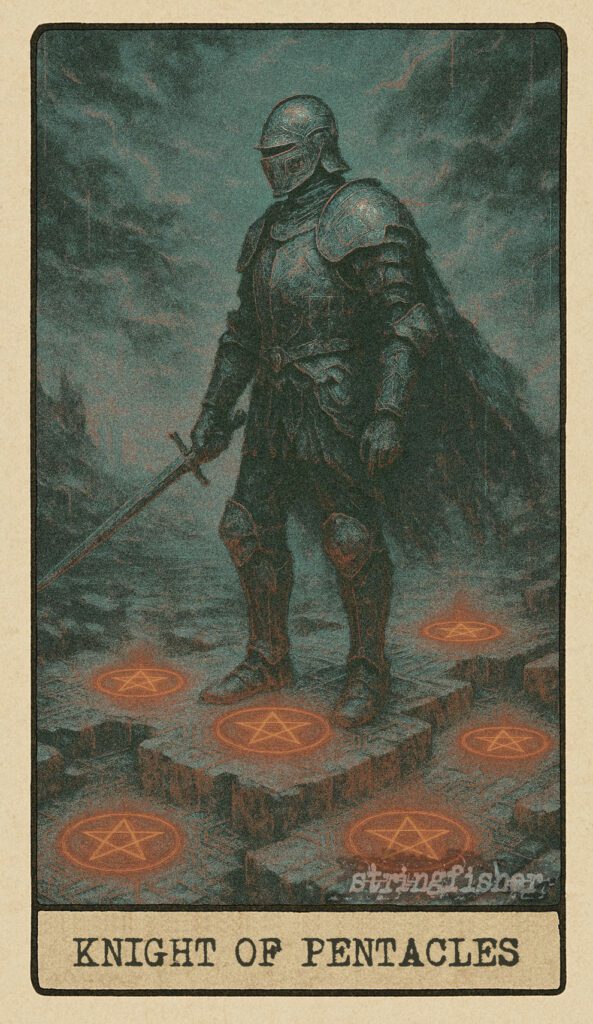 Stringfisher Tarot, Knight of Pentacles, mythic theme of steady progress and material devotion. A determined Knight moves across rugged stone terrain, each step generating a new platform with a Core embedded beneath. Symbol of loyalty, methodical effort, and grounded progress.