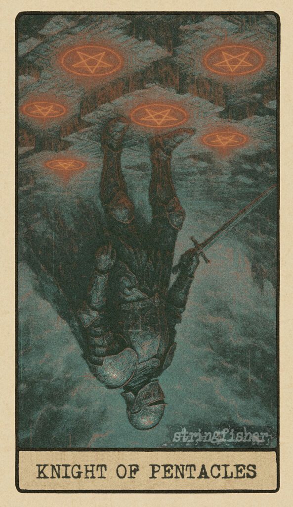 Stringfisher Tarot, reversed Knight of Pentacles, symbolic rigidity and resistance to change. A Knight stands motionless on stone terrain. Platforms are incomplete, Cores flicker beneath the surface, and progress is stalled. Symbol of stubbornness, stalled effort, and unwillingness to adapt.